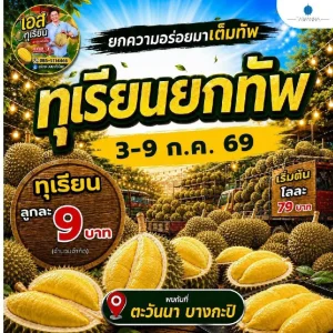 ตะวันนา บางกะปิ จัดเทศกาลทุเรียนยิ่งใหญ่ 3–9 ก.ค. ชูไฮไลต์ “ทุเรียนลูกละ 9 บาท” จำกัด 100 สิทธิ์